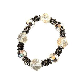 Faceted Crystal & Silver-Tone Beaded Stretch Fashion Bracelet